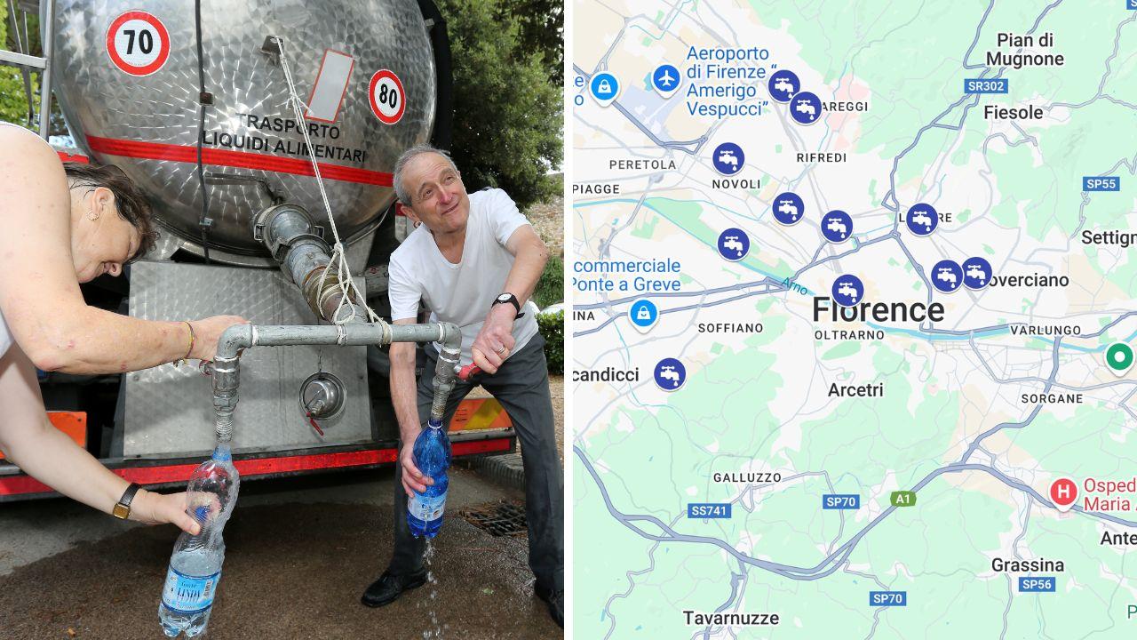 Un’autobotte di Publiacqua e la mappa della distribuzione delle autobotti