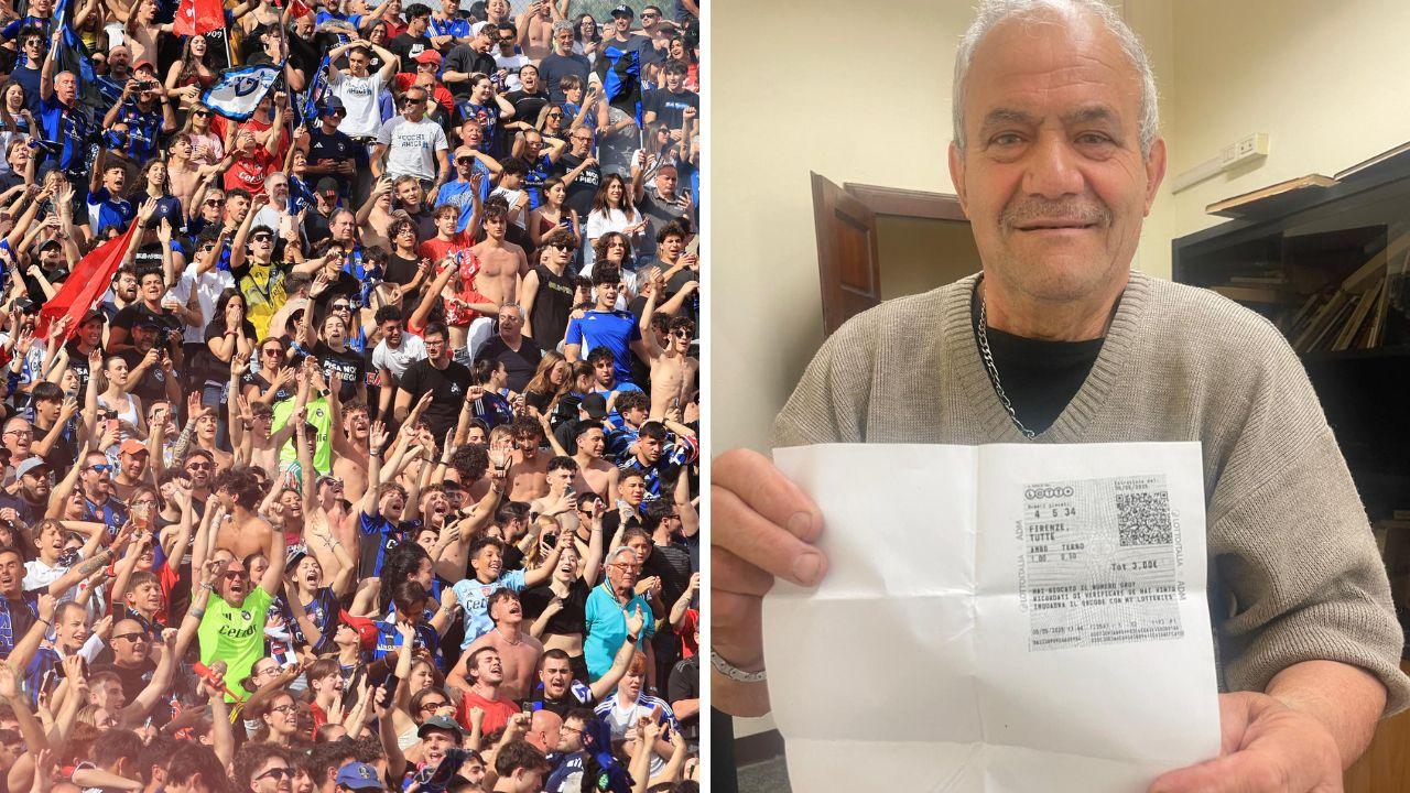 Giovanni Peretti che mostra la giocata e i tifosi del Pisa