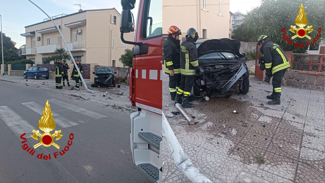 Auto fuori controllo abbatte un palo della luce e si schianta contro un cancello