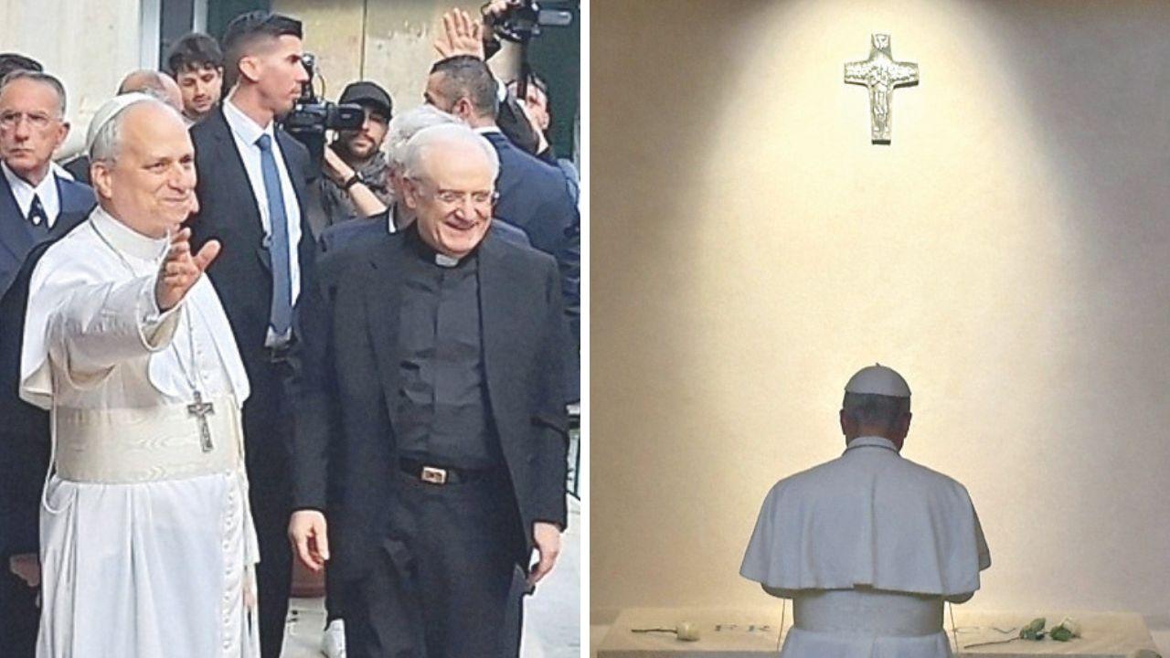 Papa Leone XIV durante la visita a sorpresa alla Madonna del Buon Consiglio (Foto LaPresse), e durante la preghiera sulla tomba di Bergoglio