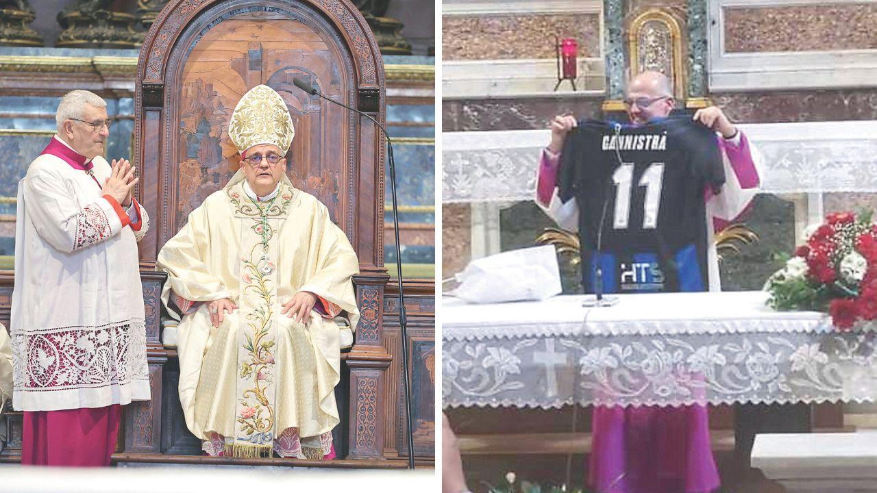 Il nuovo vescovo di Pisa, monsignor Saverio Cannistrà (foto Stick) e la maglia del Pisa che gli è stata regalata