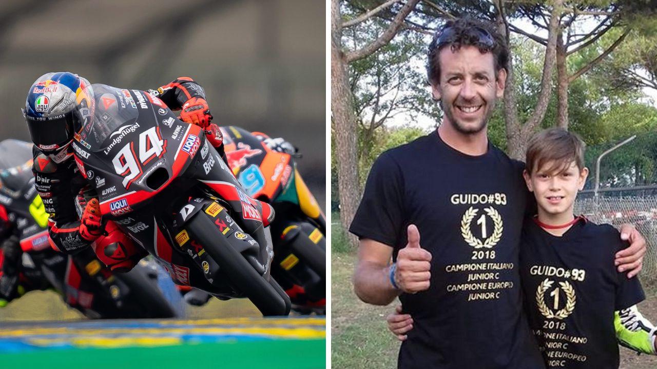 Il pilota in gara e in foto con il padre Matteo (nel 2018)