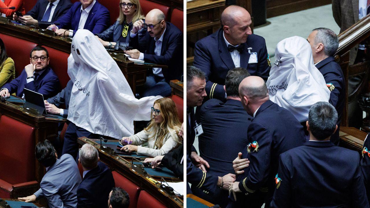 Riccardo Magi vestito da fantasma alla Camera