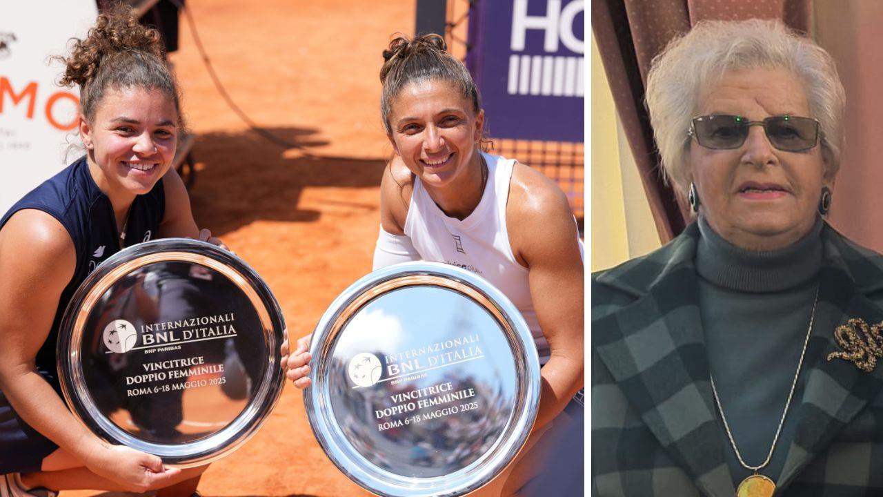 
	Jasmine Paolini e Sara Errani dopo la vittoria agli Internazionali e la nonna di Jasmine, Yvonne Micheletti

