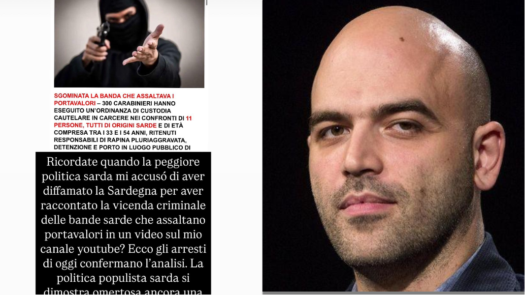 Saviano: «In Sardegna bande criminali, la mia analisi era giusta, no alla politica omertosa»