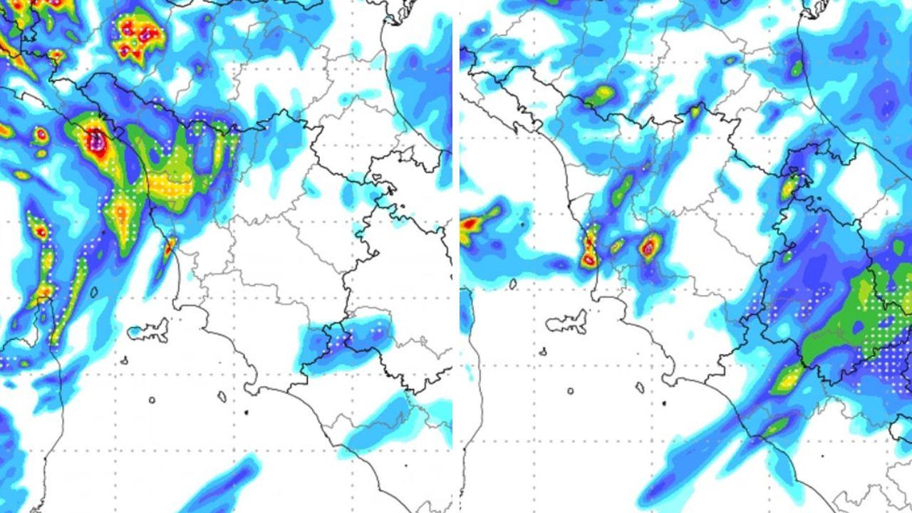 
	A sinistra le piogge previste nel pomeriggio; a destra in serata (Elaborazione Cmt)

