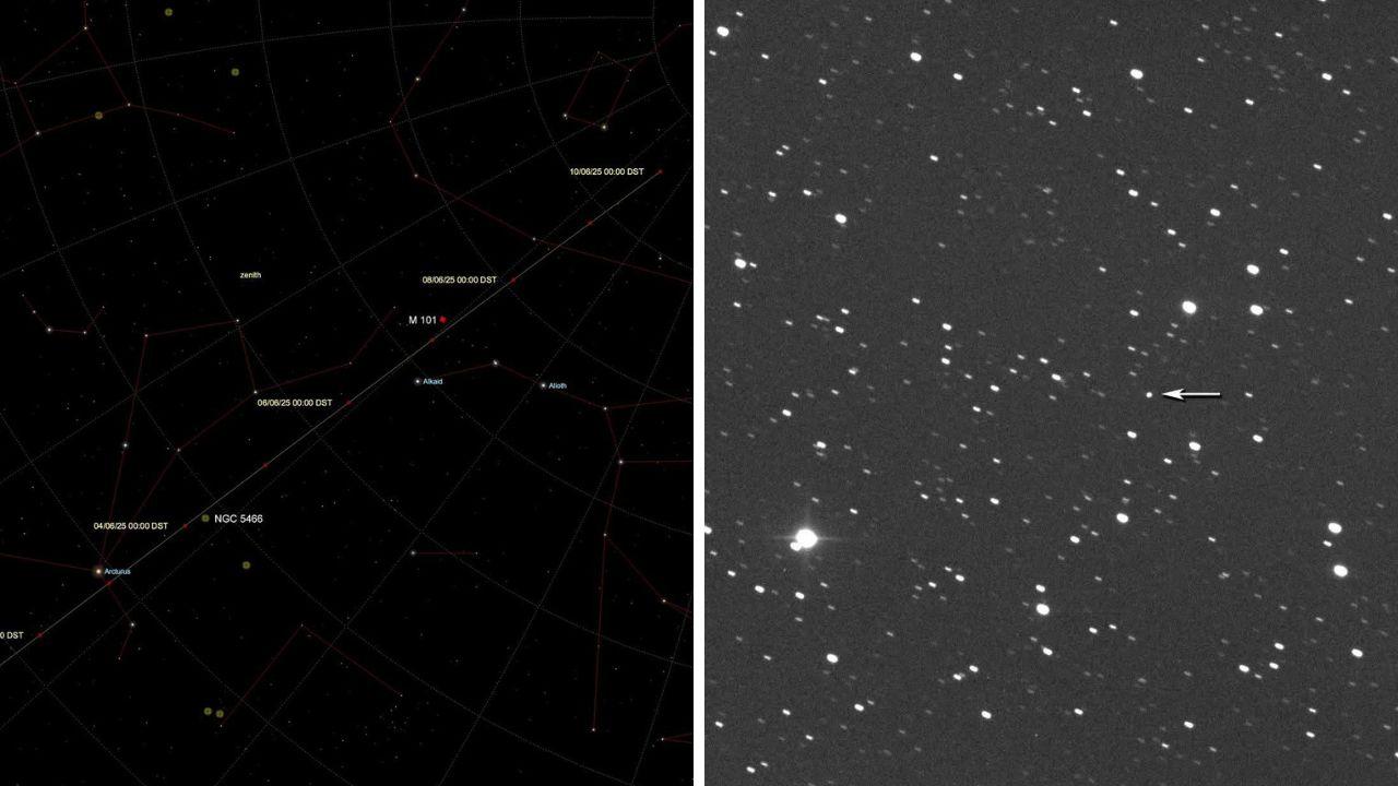 
	A sx l'asteroide potenzialmente pericoloso ripreso da Gianluca Masi il 17 maggio scorso, a dx la posizione&nbsp;di (424482) 2008 DG5 tra il 31 maggio e il 10 giugno, a mezzanotte


