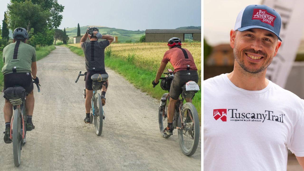 
	Dei&nbsp;cicloturisti durante una passata edizione del Tuscany Trail e Andrea Borchi, fondatore e organizzatore della manifestazione

