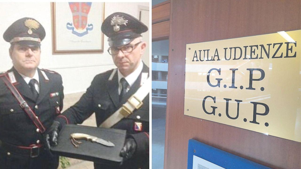 Il coltello sequestrato all’epoca dai carabinieri e l’aula gip/gup del Tribunale di Grosseto