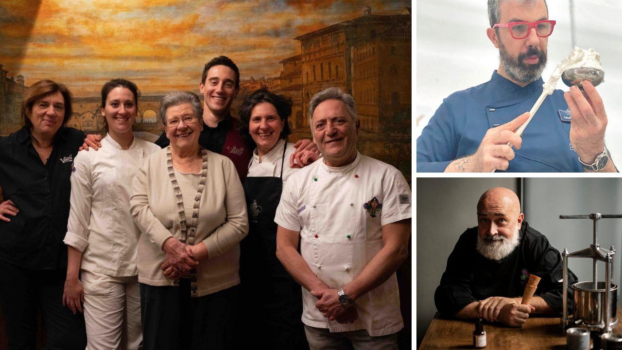 Da sx la famiglia Vivoli, storici gelatieri fiorentini dal 1929, a dx in alto Gabriele Vannucci, in basso Gianfrancesco Cutelli