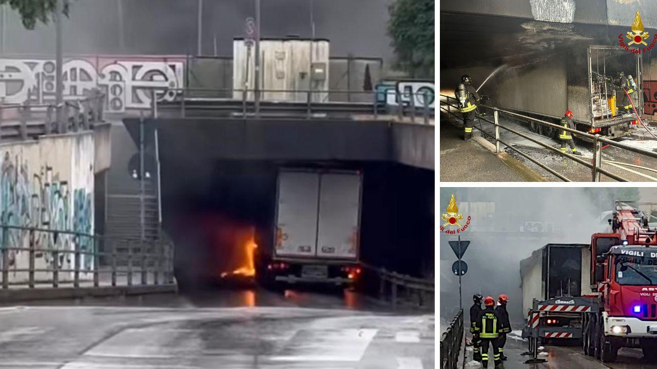 Il camion a fuoco nel sottopasso a Pisa e le operazioni di spegnimento dei vigili del fuoco