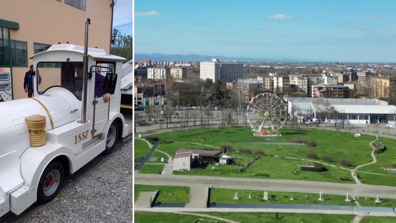 Il trenino e un render della ruota panoramica al Novi Sad