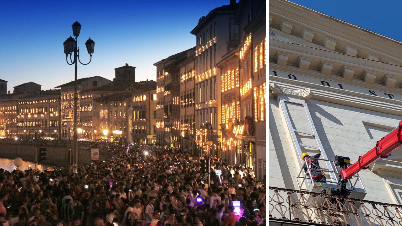 
	Il lungarno illuminato per la Luminara di San Ranieri a Pisa e il montaggio delle "biancherie" in un palazzo

