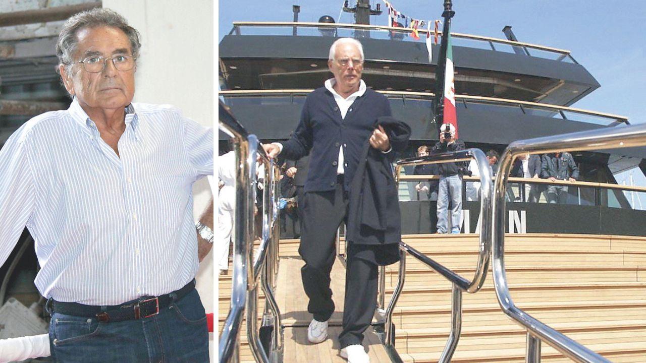 Fulvio Codecasa, a dx Giorgio Armani a bordo del “Main”, lo yacht dello stilista realizzato dai Cantieri Codecasa, il giorno del varo (foto Paglianti)