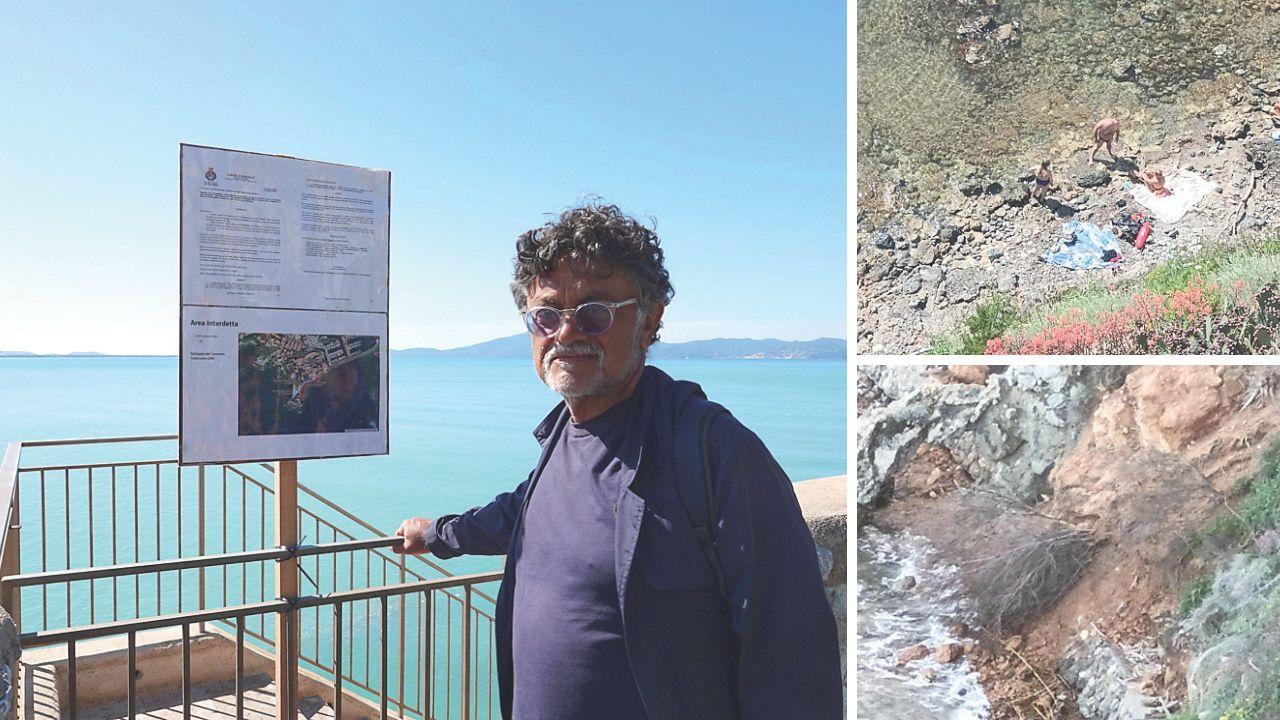 Marcello Veneziani davanti al cartello sulla chiusura della spiaggia del Cannone a Talamone, a fianco altre due foto della spiaggia franata (fotoservizio Enzo Russo)
