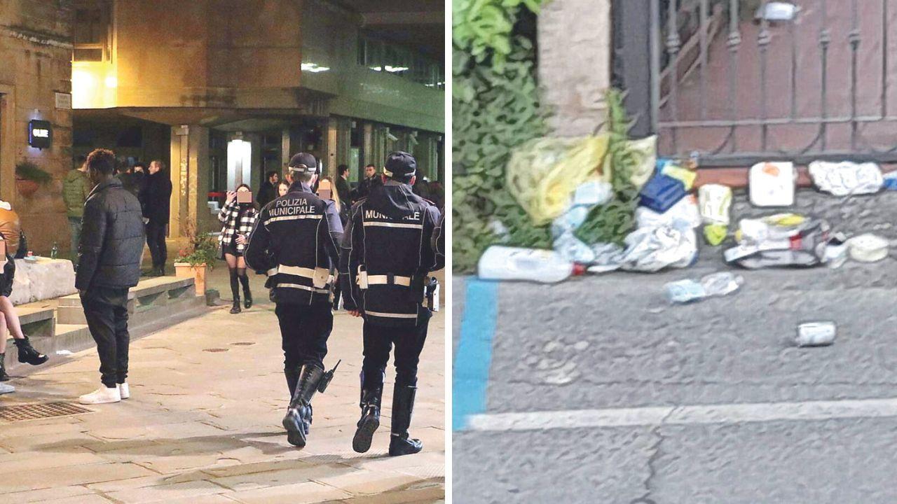 Controlli degli agenti della polizia municipale di Massa per controllare la movida, a dx uno dei sacchi strappati in via Angelini