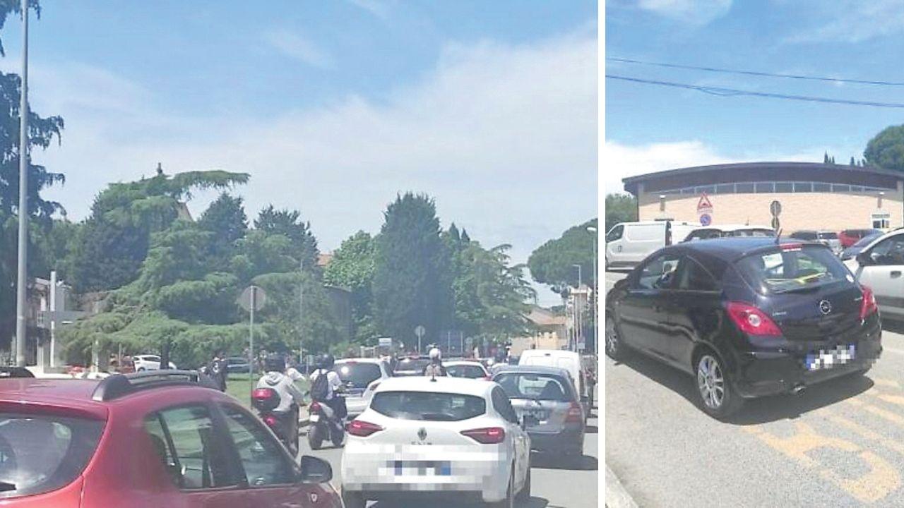 
	Le lunghe code in via Bellucci e via Lavagnini all&rsquo;uscita da scuola ieri verso le 13 e un'auto che usa&nbsp;la corsia riservata agli autobus per saltare la fila

