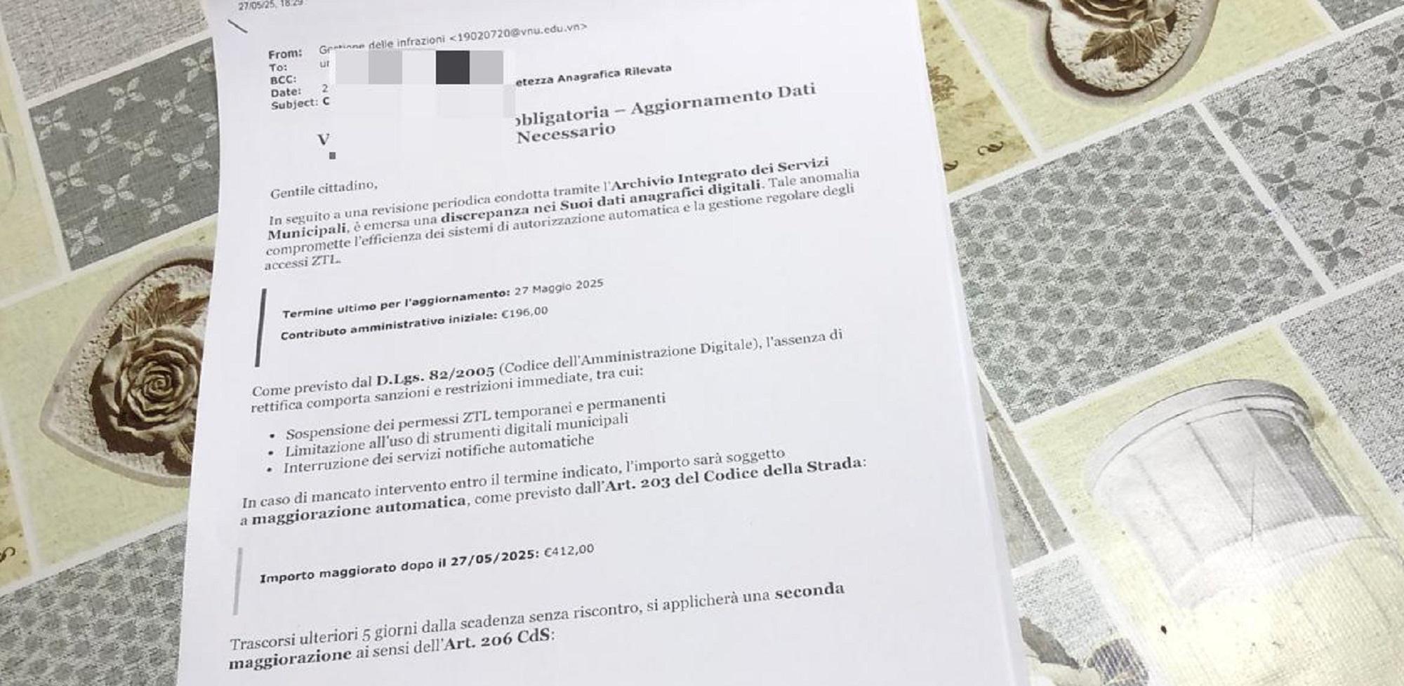 La mail arrivata a un cittadino stampata su un foglio