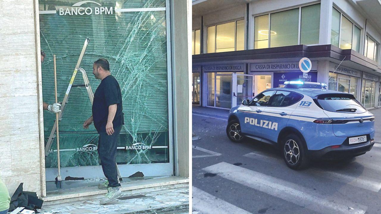 A sx i rilievi degli inquirenti al Banco Bpm in piazza Matteotti a Querceta, a dx la polizia davanti alla banca rapinata in via Garibaldi a Viareggio