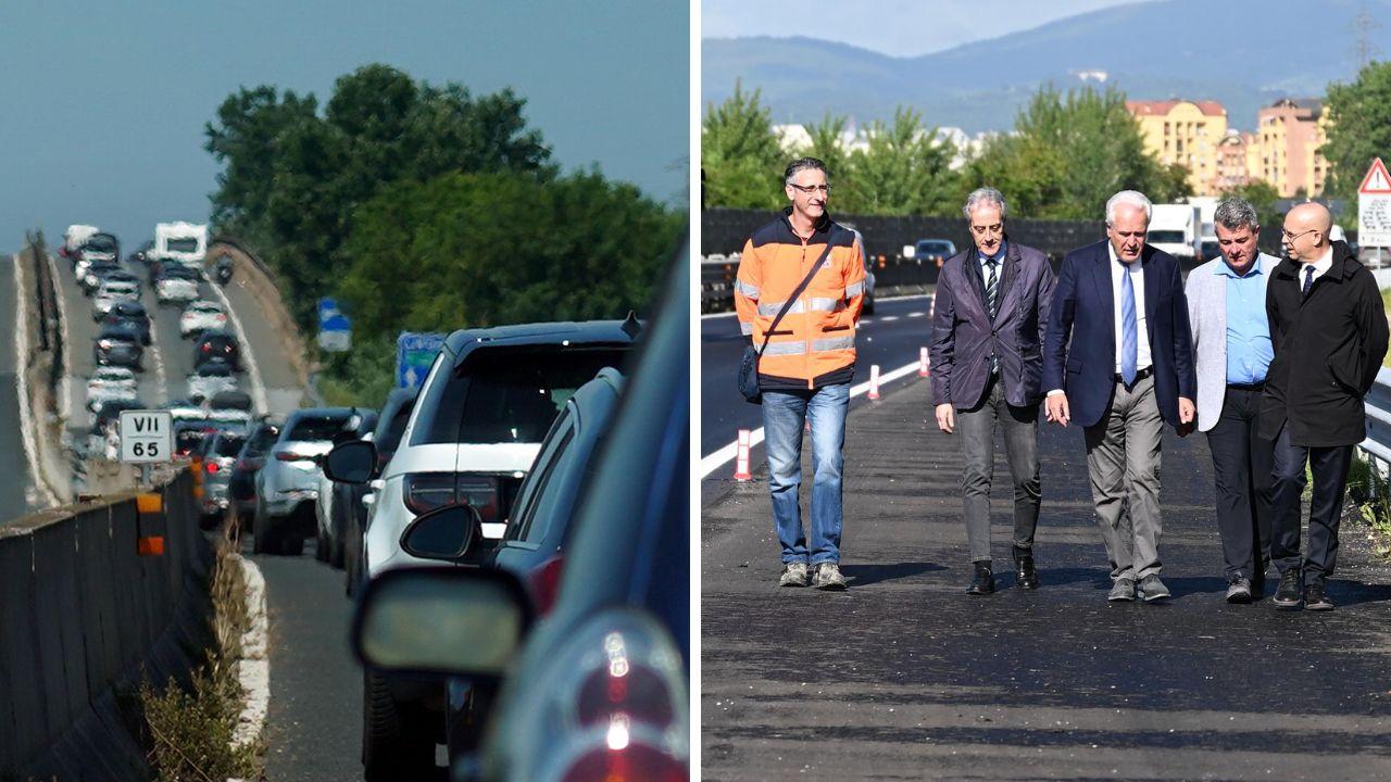 Una lunga fila di auto in Fi-Pi-Li all’altezza di Vicarello (foto Stick) e il presidente della Regione Eugenio Giani durante un sopralluogo sulla superstrada