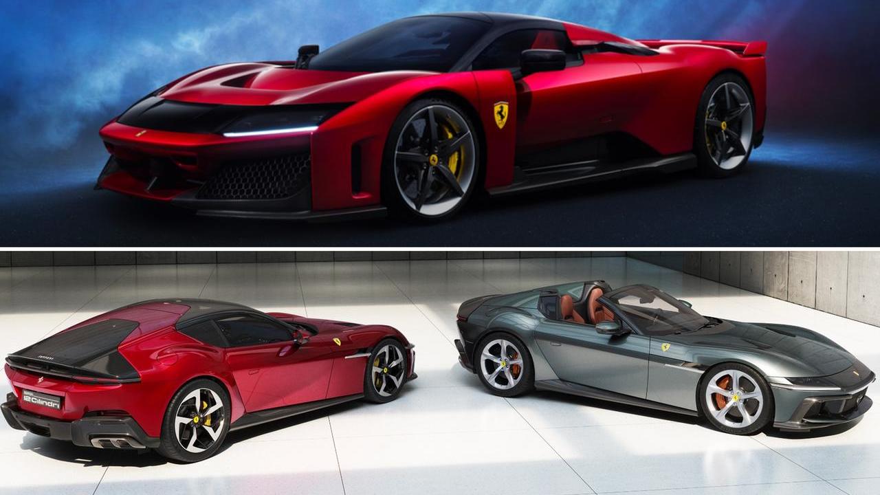 La Ferrari F80 e, sotto, 12Cilindri e 12Cilindri spider