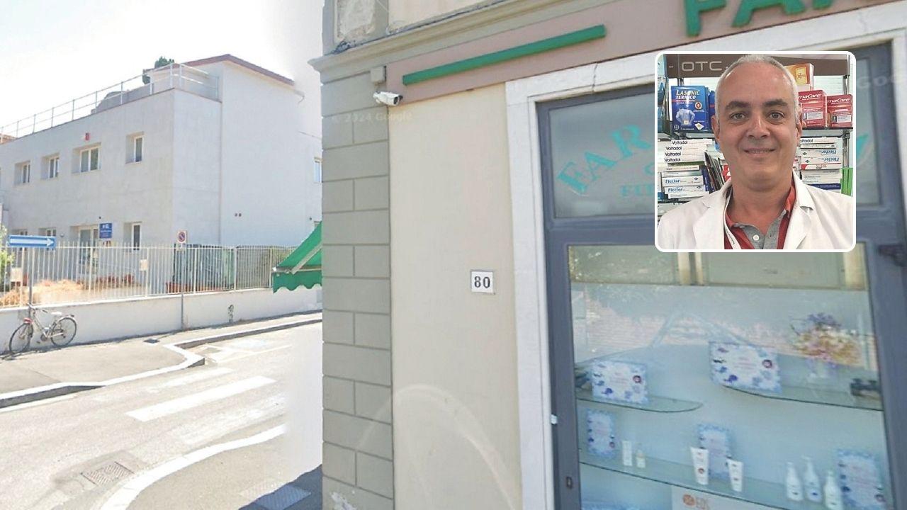 Gli ambulatori dell’Asl di via del Mare e la farmacia Culla. A dx il farmacista Federico Frullano