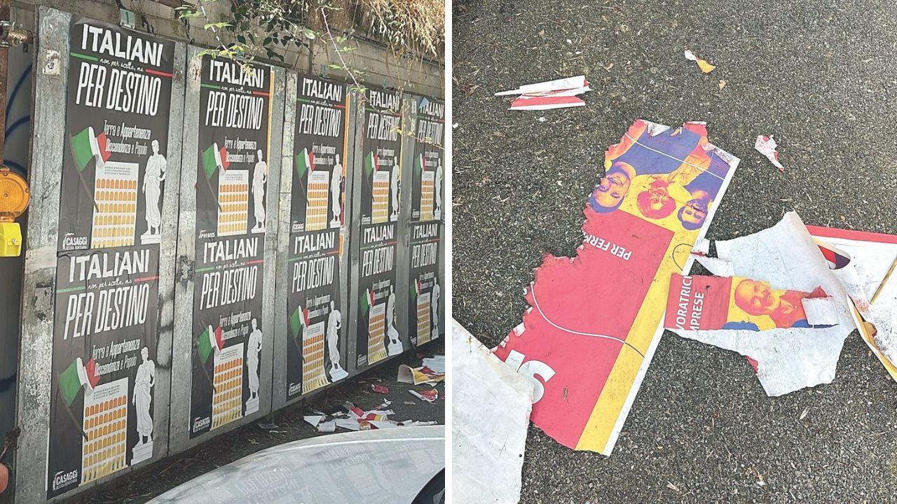 I manifesti affissi da Casaggì al posto di quelli che promuovevano il referendum, a dx i manifesti del referendum strappati