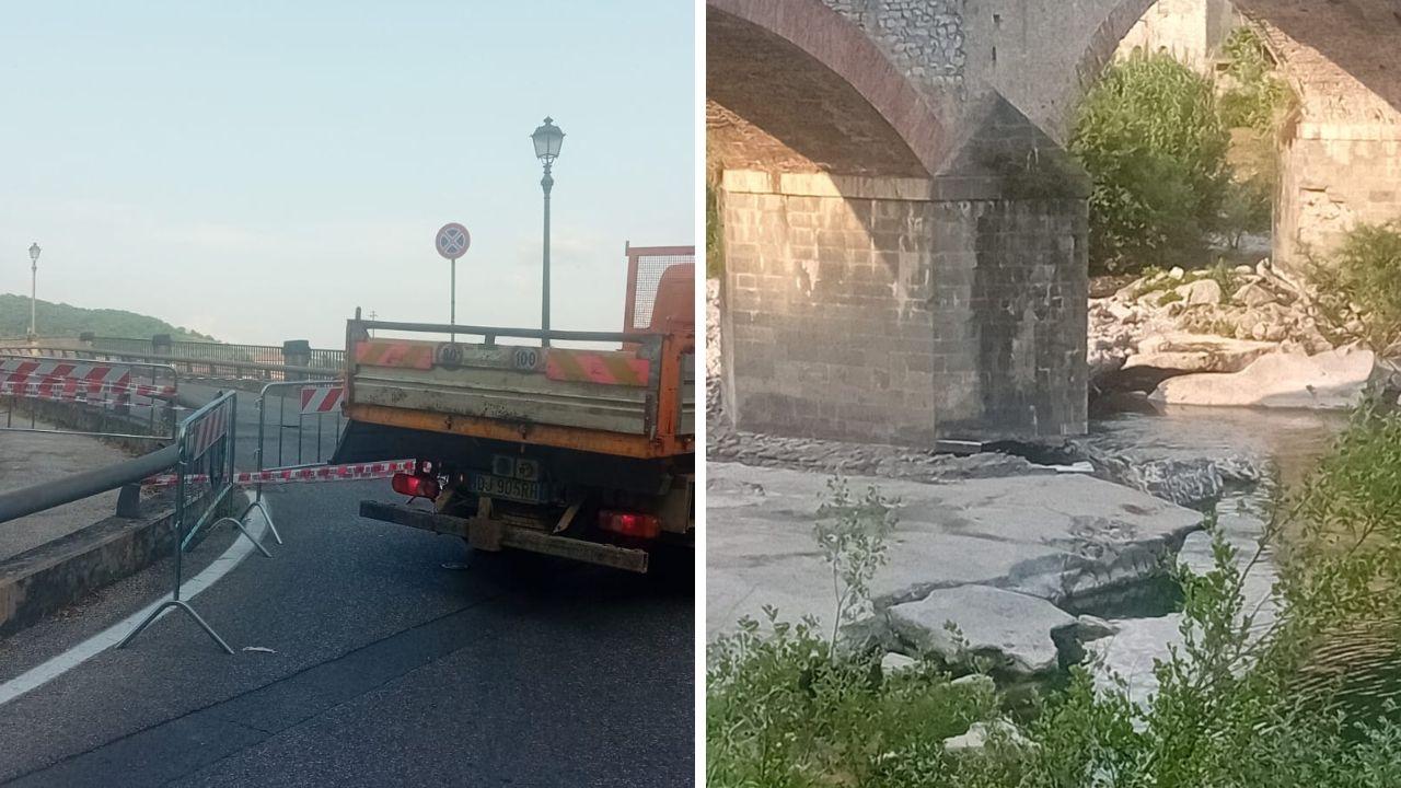 
	Il ponte chiuso e il pilone eroso (foto Barghigiani)

