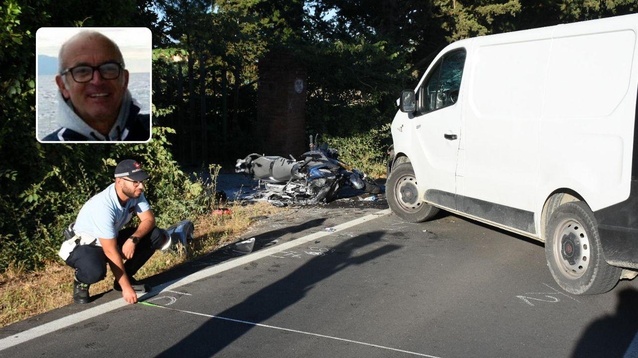I rilievi dopo lo scontro tra la moto della vittima e il furgone dell’imputato (foto Agenzia Bf) e Lapo Bernardi