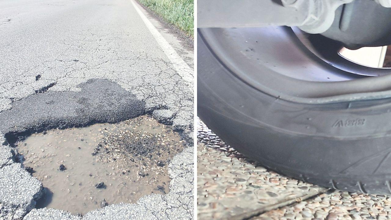 
	La buca che ha distrutto il pneumatico di Biagini , a dx il&nbsp;cerchione e il pneumatico danneggiati: per ripararli sono serviti 170 euro

