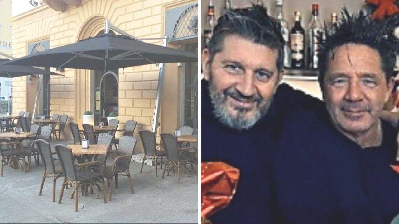 I tavoli sotto gli ombrelloni del Folletto in piazza Cavour, a dx Gianni e Michele Perini