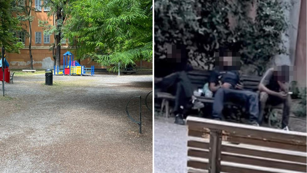 L'area giochi del parco Ducale dove è avvenuta la rissa. A destra alcuni membri di una gang di spaccio