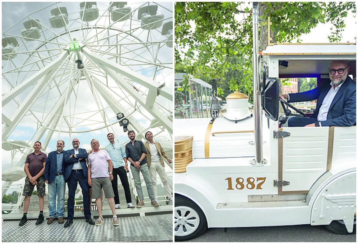 La ruota panoramica al parco Novi Sad, a destra il sindaco Mezzetti alla guida del trenino