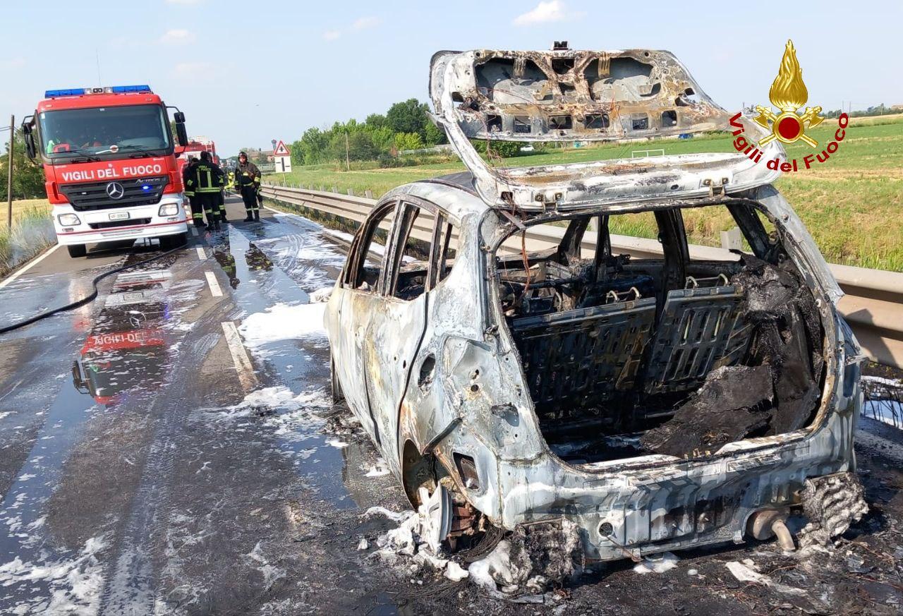 Novellara, auto prende fuoco in marcia: innesca un incendio che devasta 700 mq di sterpaglie