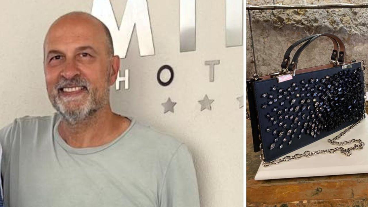 
	Gianluca Lera al MIIO Hotel, a dx la Swing bag la borsa creata&nbsp;durante il lockdown grazie al progetto di OTP Officine talenti preziosi

