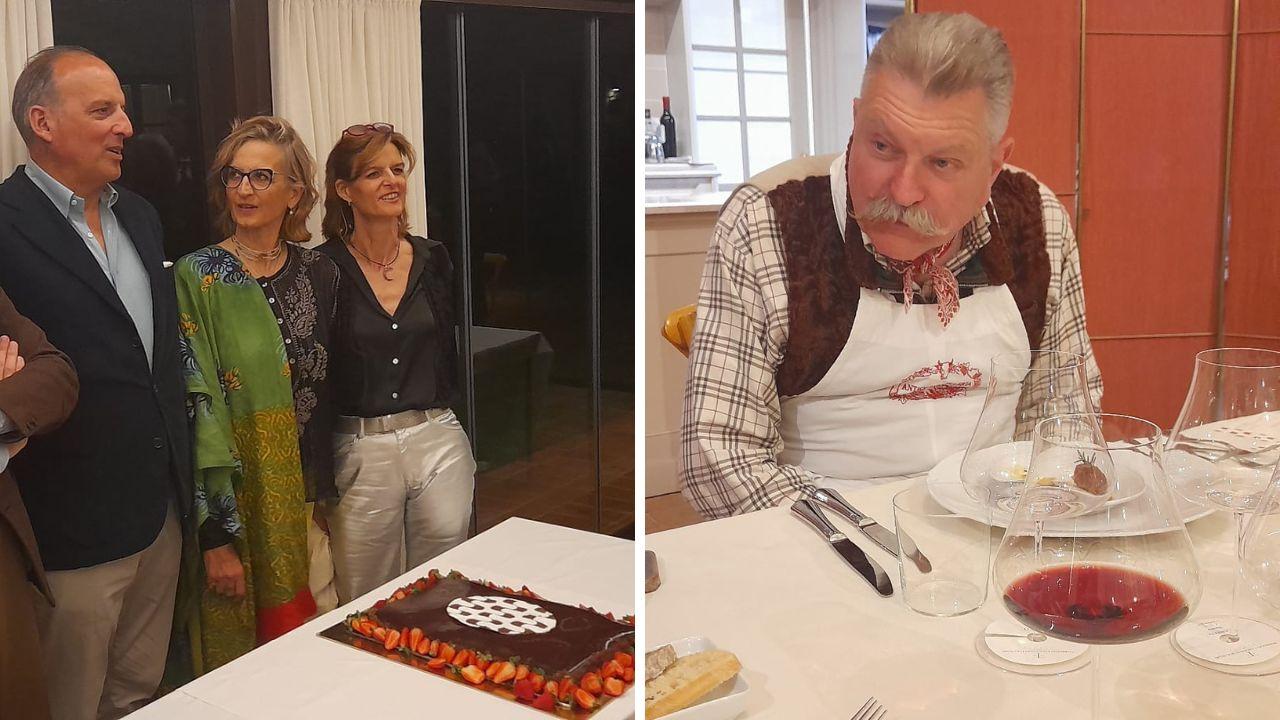Giovanni Folonari con le sorelle Francesca e Angelica e il macellaio Dario Cecchini protagonista della cena di compleanno del “Cabreo Il Borgo Toscana Igt”