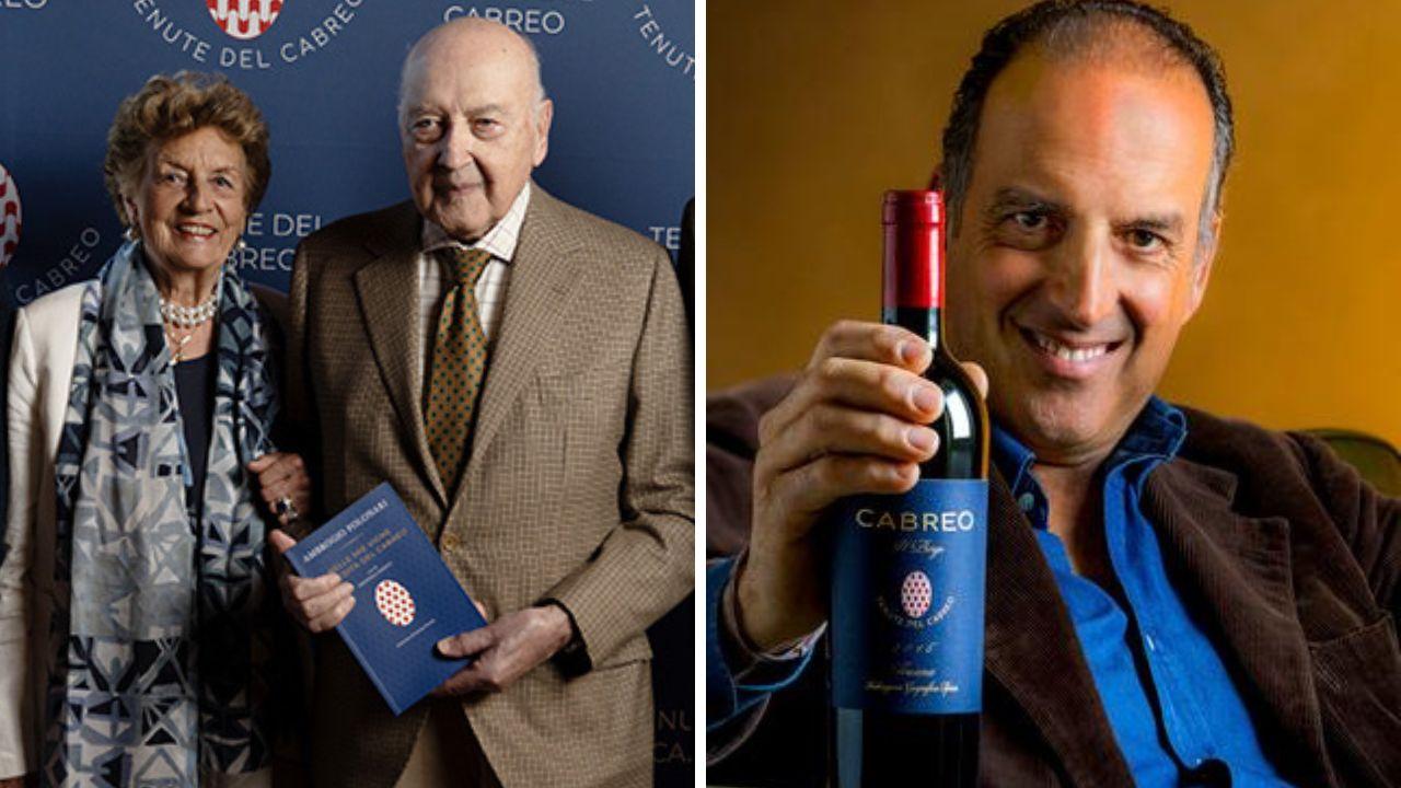 Ambrogio Folonari con la moglie Giovanna Cornaro e Giovanni Folonari, presidente della “Ambrogio e Giovanni Folonari Tenute”, con in mano una bottiglia di Cabreo