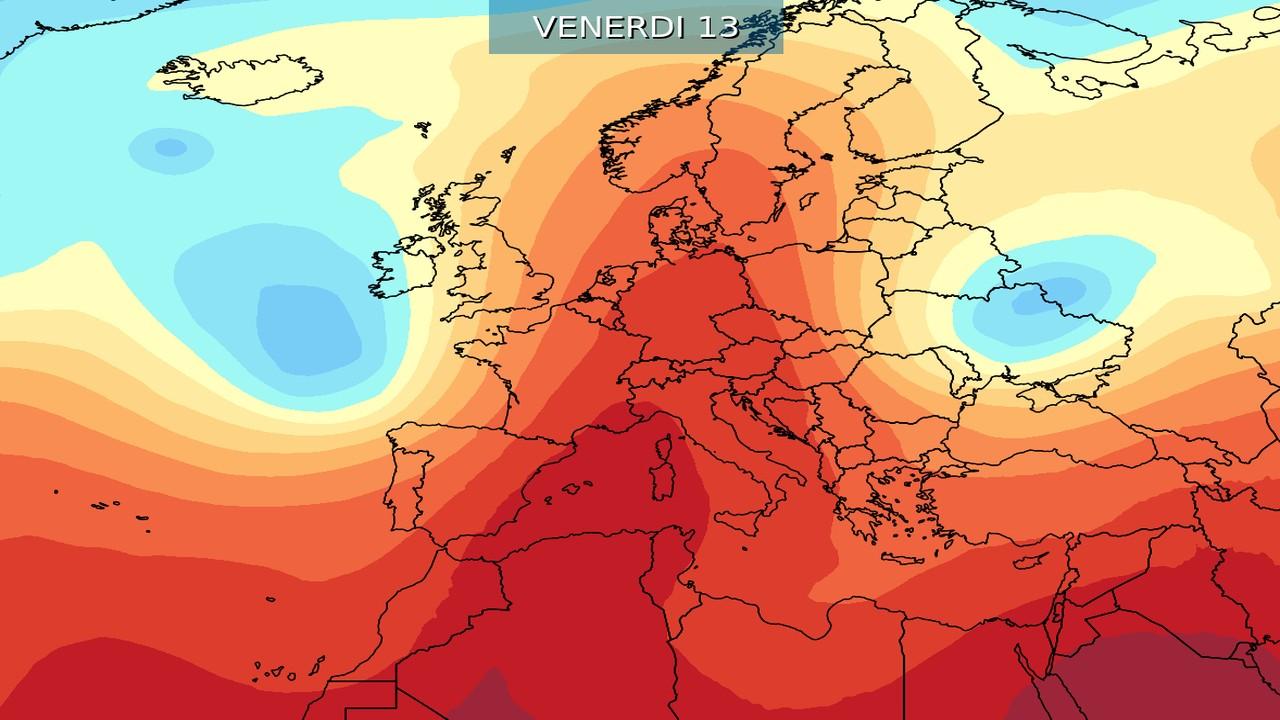 Il modello delle previsioni del Consorzio Lamma per venerdì 13 giugno che mostra l'ondata di calore
