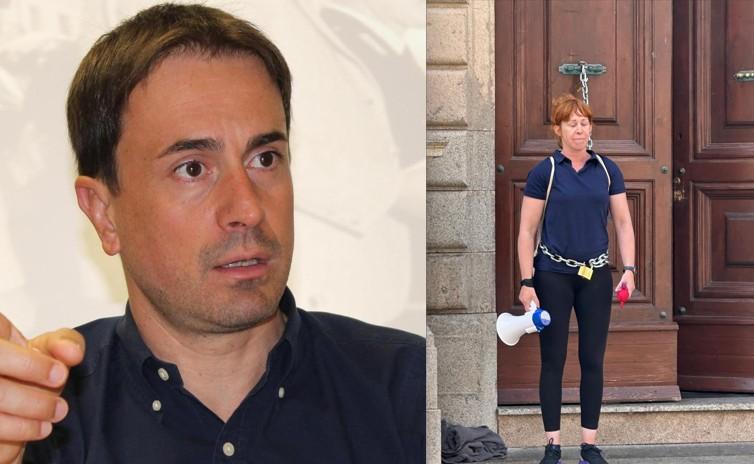 
	Il sindaco Fabio Lai e la balneare che si &egrave; incatenata in municipio

