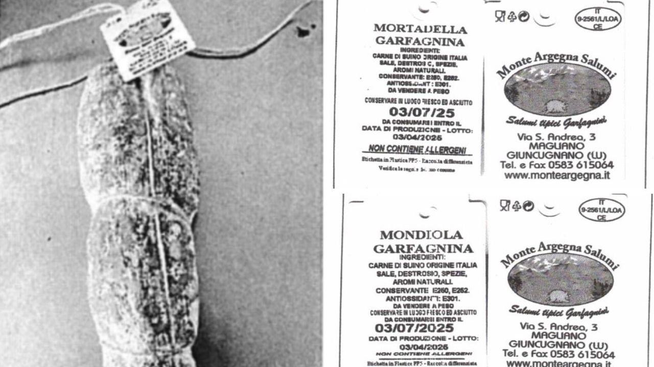 I prodotti ritirati: a sinistra il salame e a destra le etichette della mortadella
