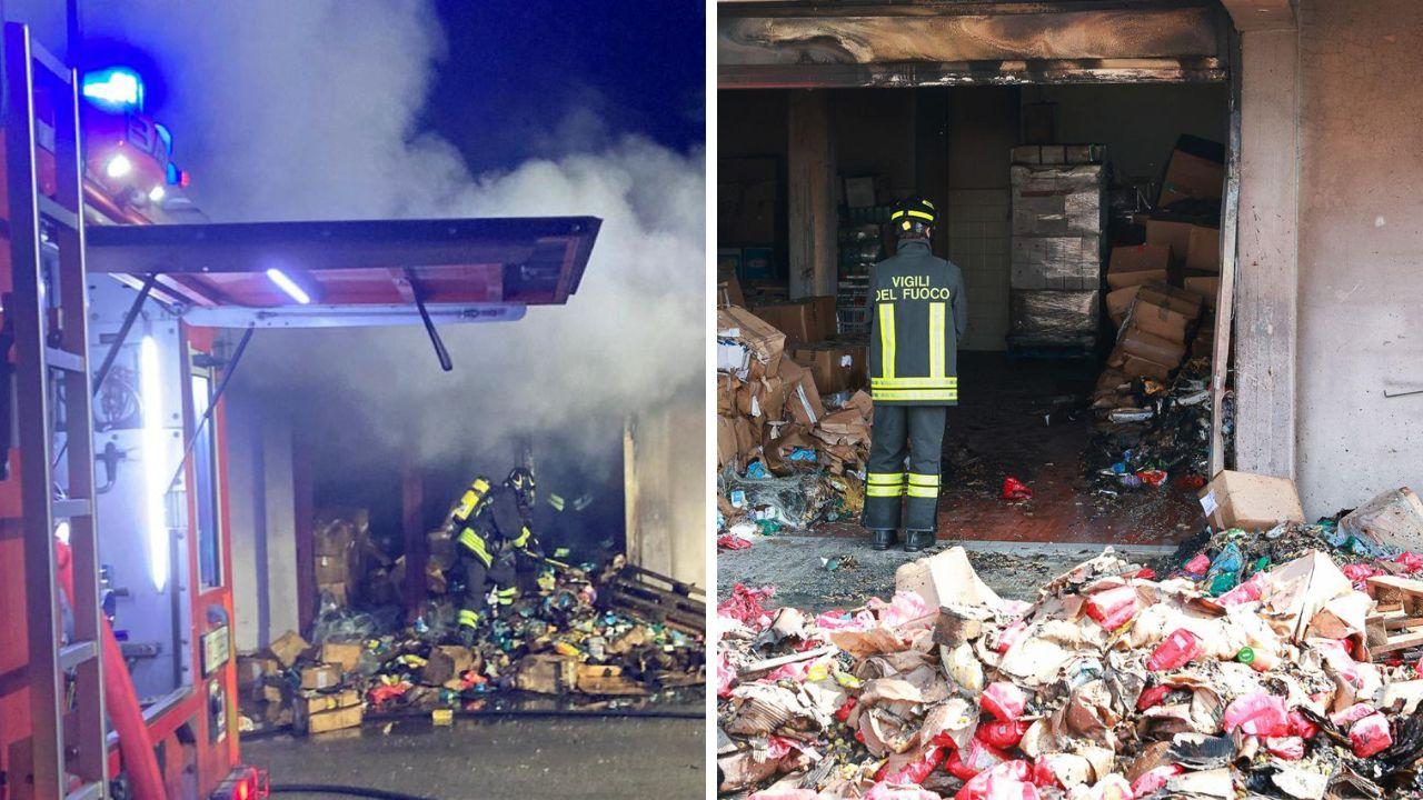 L'intervento di notte e il materiale bruciato (foto vigili del fuoco e Nucci)