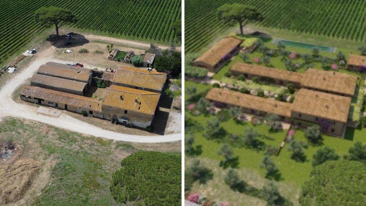 Il podere Porcarecce 2 allo stato attuale e a dx il rendering di come diventerà
