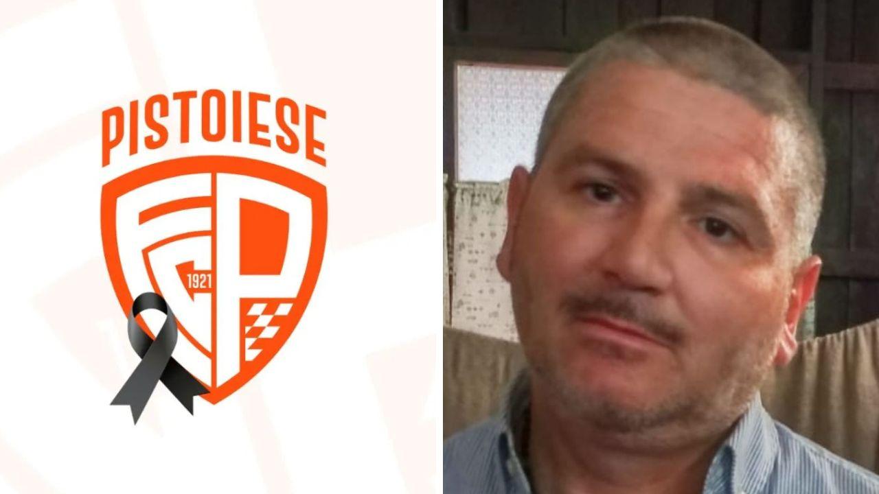 Il 48enne e il simbolo della Pistoiese col lutto