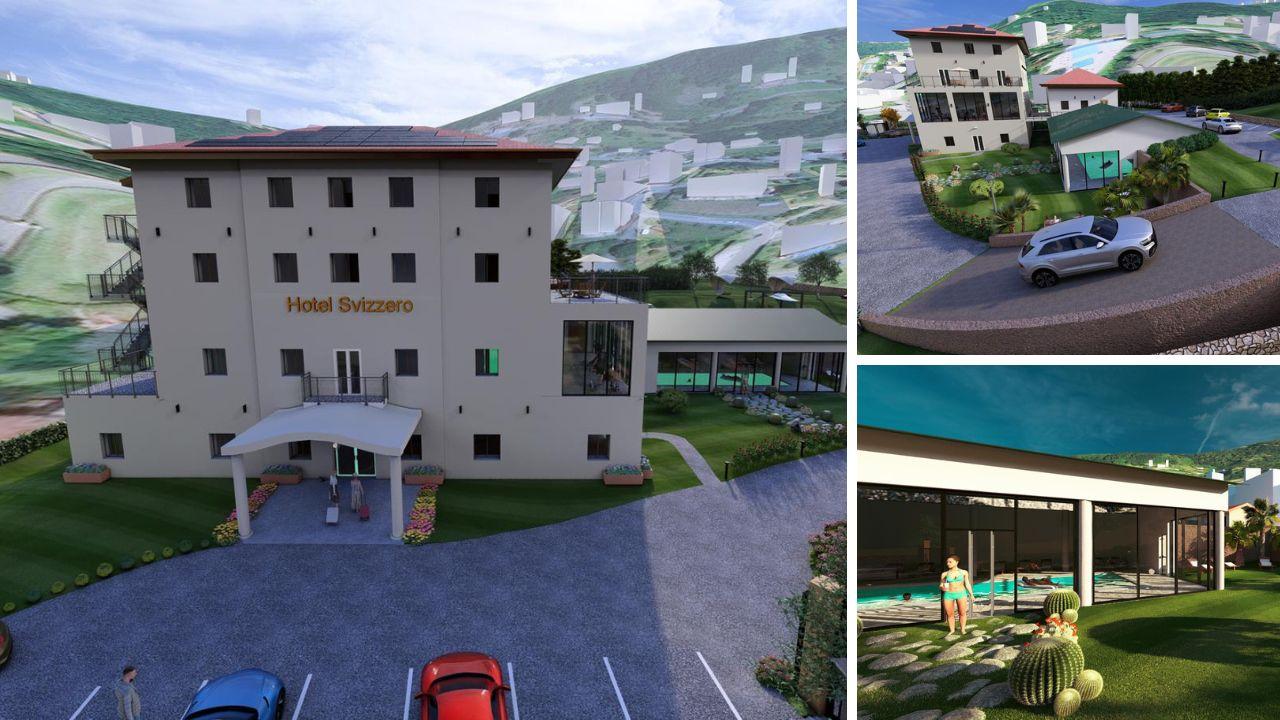 Il rendering della facciata del futuro “Hotel Svizzero” e altre due simulazioni di come sarà l’hotel