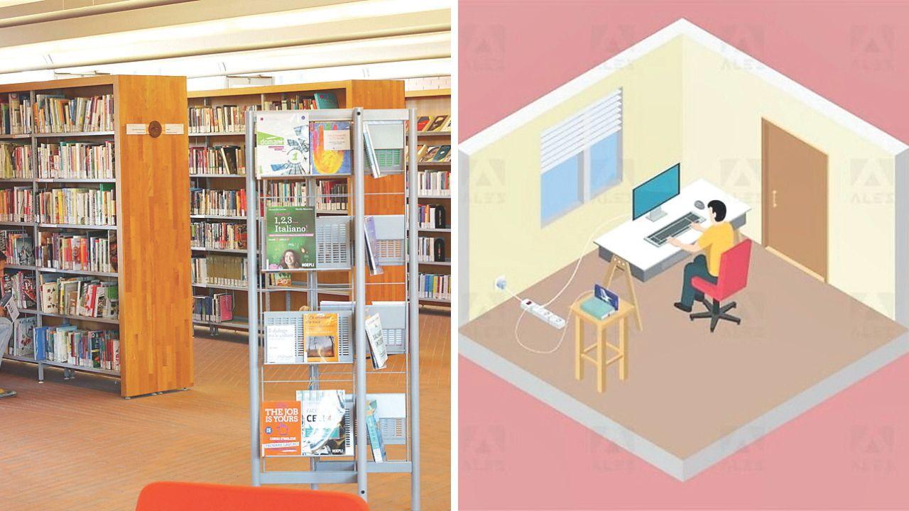 Una sala della biblioteca San Giorgio, a dx lo schema di allestimento della postazione d’esame richiesto dalla società organizzatrice a cui si è rivolto il Comune