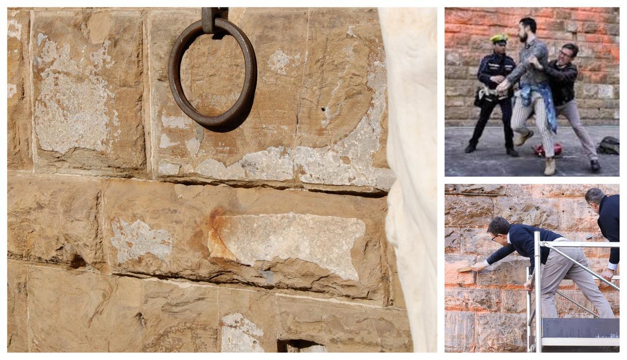 Firenze, a oltre due anni dal blitz di Ultima Generazione ancora le macchie dell’eco-attacco sulla facciata di Palazzo Vecchio