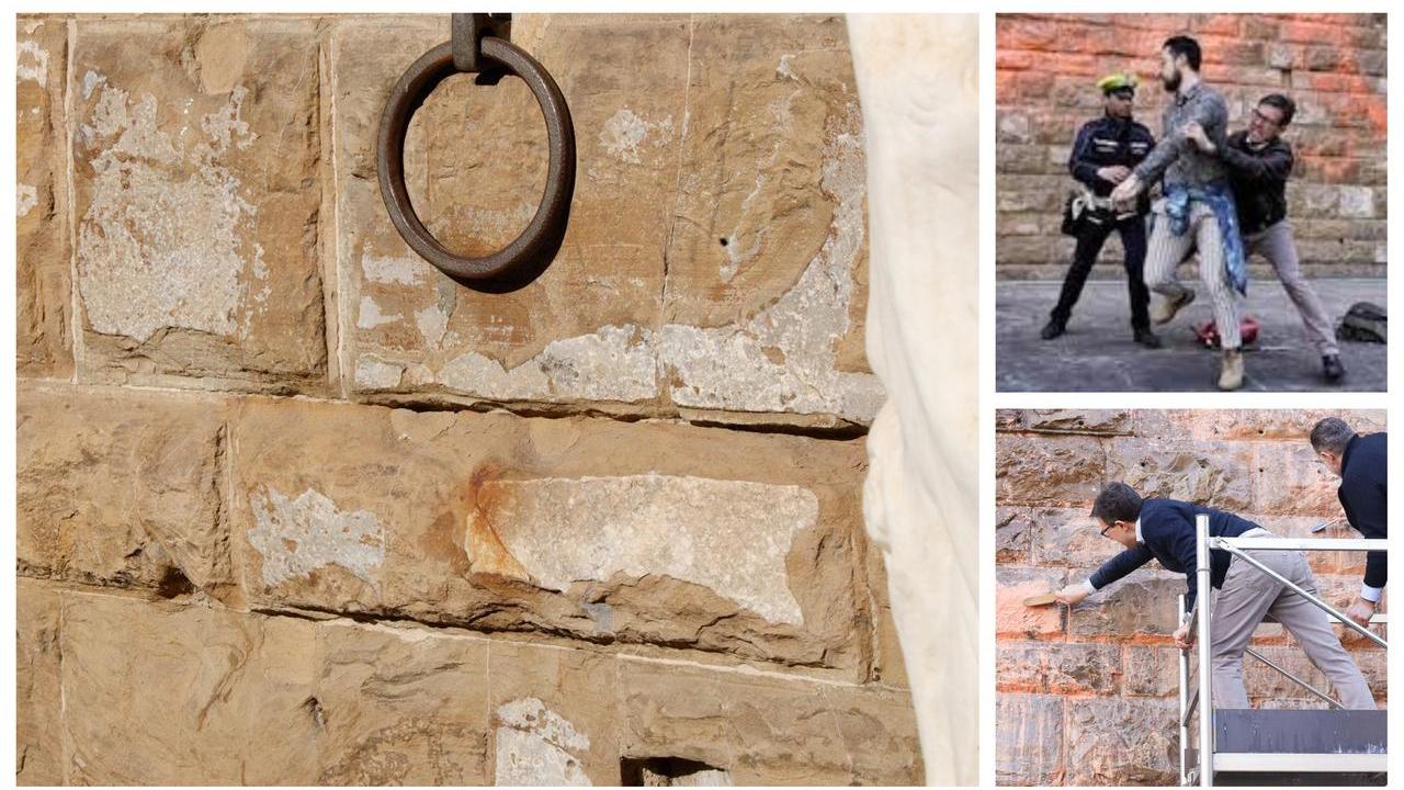 Firenze, a oltre due anni dal blitz di Ultima Generazione ancora le macchie dell’eco-attacco sulla facciata di Palazzo Vecchio