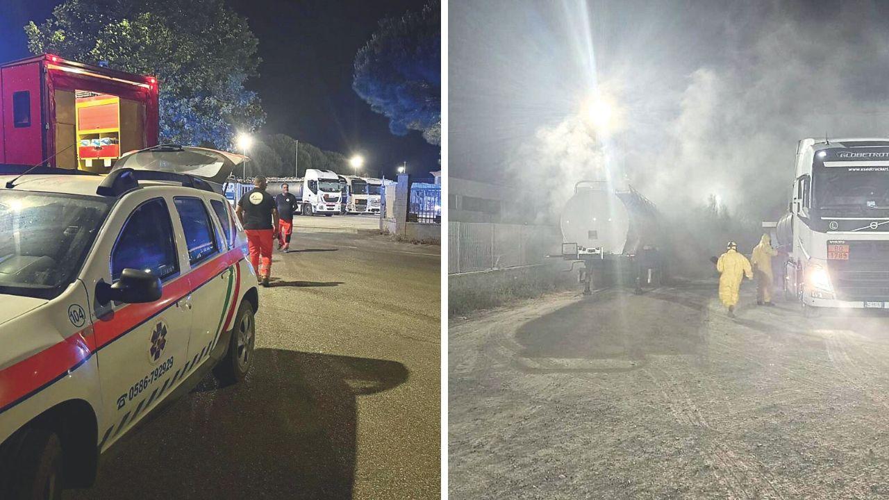 L'autocisterna (foto vigili del fuoco) e i soccorritori