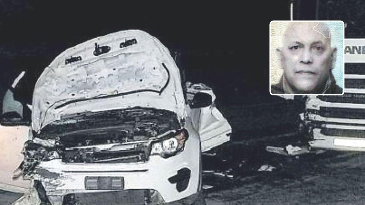 
	L'auto di Mariani e il camion (foto Giancarlo Grassi), in alto la vittima

