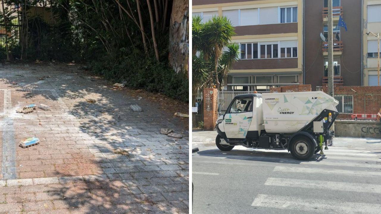 
	I cartoni di uova e il mezzo Aamps intervenuto per la pulizia

